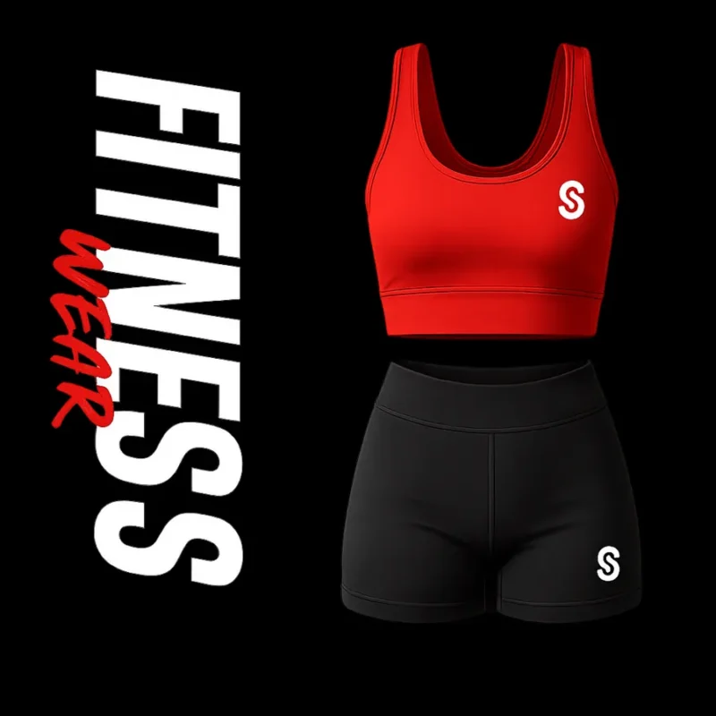 Fitness wear category tile showing a red sports bra and black shorts