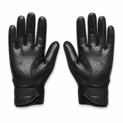 Pair of black American football receiver gloves with tacky grip palm