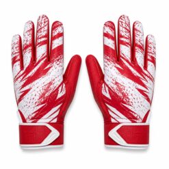 Pair of red and white American football receiver gloves with sublimated back print