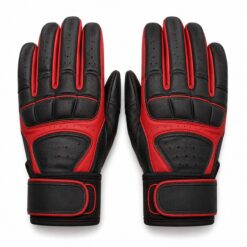 Pair of black and red leather baseball batting gloves with perforated palm and wrist strap