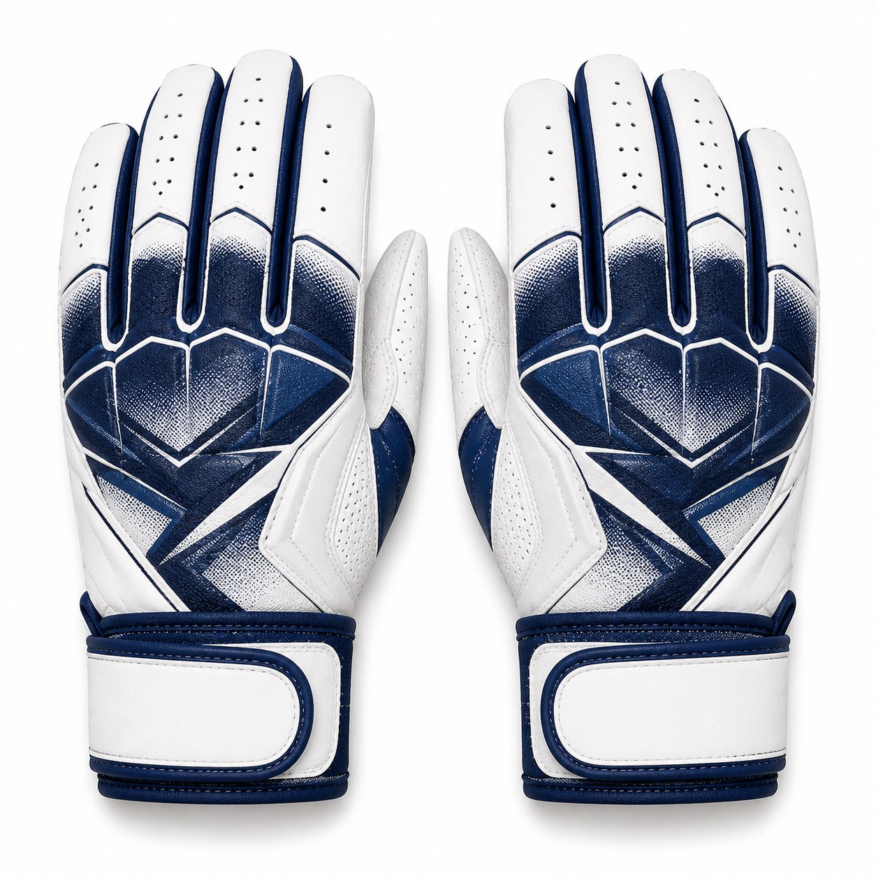 Pair of white and navy baseball batting gloves with sublimated back panel print