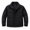 Black insulated work jacket with quilted lining and reinforced elbow panels