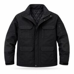 Black insulated work jacket with quilted lining and reinforced elbow panels