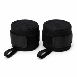 Pair of rolled black boxing hand wraps with hook and loop closure and thumb loop