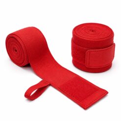 Pair of red boxing hand wraps, one rolled and one unrolled showing elastic weave