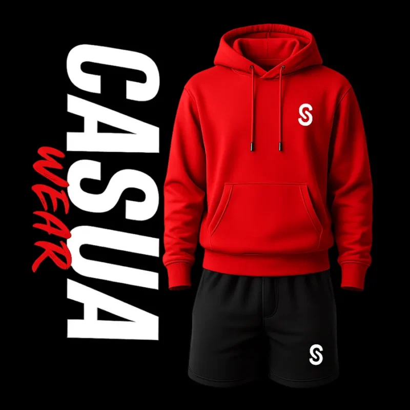 Casual wear category tile showing a red hoodie and black shorts