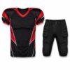 Custom American football uniform in black and red with sublimated jersey and padded pants