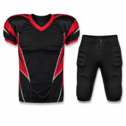 Custom American football uniform in black and red with sublimated jersey and padded pants