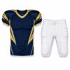 Custom American football uniform in navy and gold with sublimated jersey and white padded pants