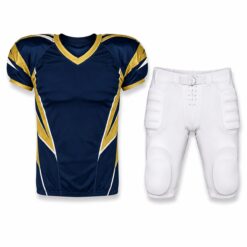 Custom American football uniform in navy and gold with sublimated jersey and white padded pants