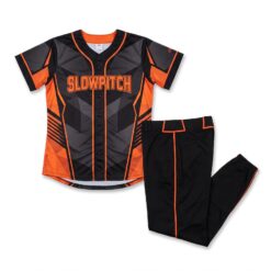 Custom slowpitch softball uniform in black and orange with full button jersey and matching pants