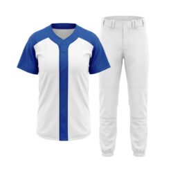 Custom slowpitch softball uniform in royal blue and white with full button jersey and white pants
