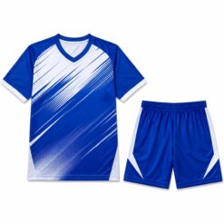 Custom soccer kit in royal blue and white with sublimated jersey and matching shorts
