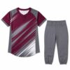 Custom softball uniform in maroon and grey with two button jersey and knicker pants