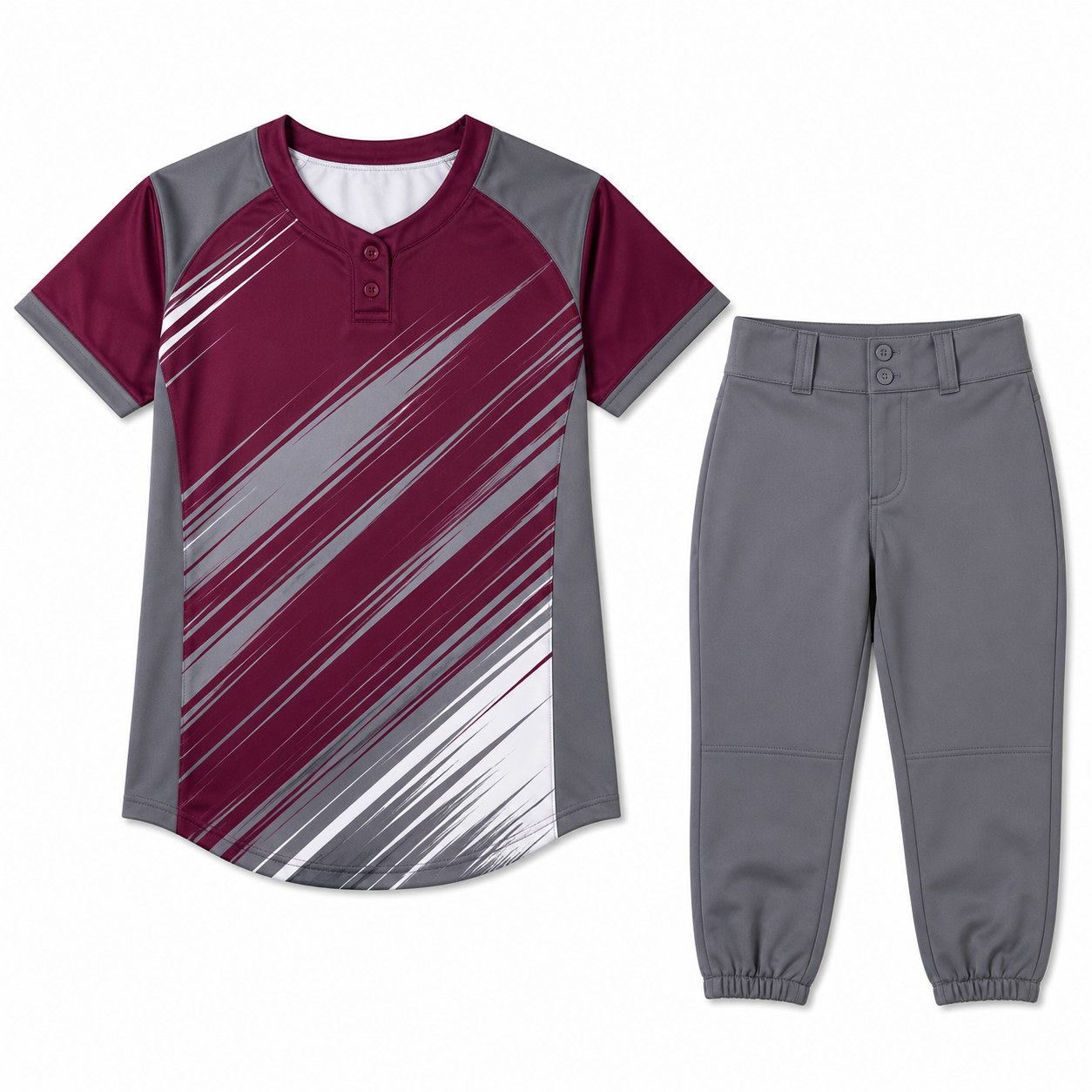 Custom softball uniform in maroon and grey with two button jersey and knicker pants