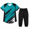 Custom softball uniform in teal and black with sublimated jersey and matching pants