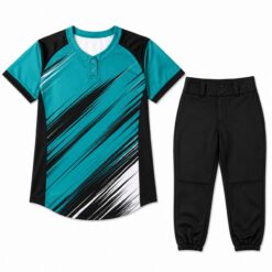 Custom softball uniform in teal and black with sublimated jersey and matching pants