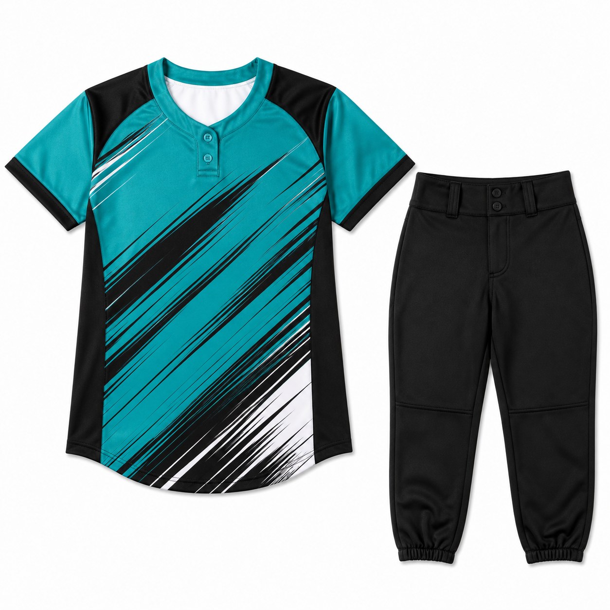 Custom softball uniform in teal and black with sublimated jersey and matching pants