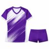 Custom volleyball uniform in purple and white with sublimated jersey and spandex shorts