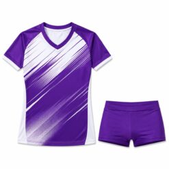 Custom volleyball uniform in purple and white with sublimated jersey and spandex shorts