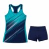 Custom volleyball uniform in teal and navy with racerback jersey and shorts