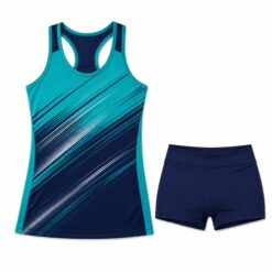 Custom volleyball uniform in teal and navy with racerback jersey and shorts