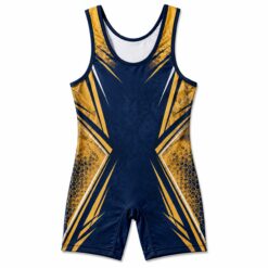 Custom wrestling singlet in navy and gold with all over sublimated print