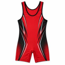 Custom wrestling singlet in red and black with sublimated side panels