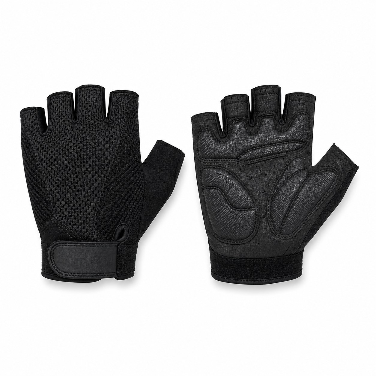 Pair of black fingerless cycling gloves with gel padded palm and mesh back