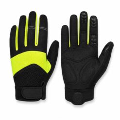 Pair of full finger cycling gloves in black and neon yellow with silicone grip fingertips