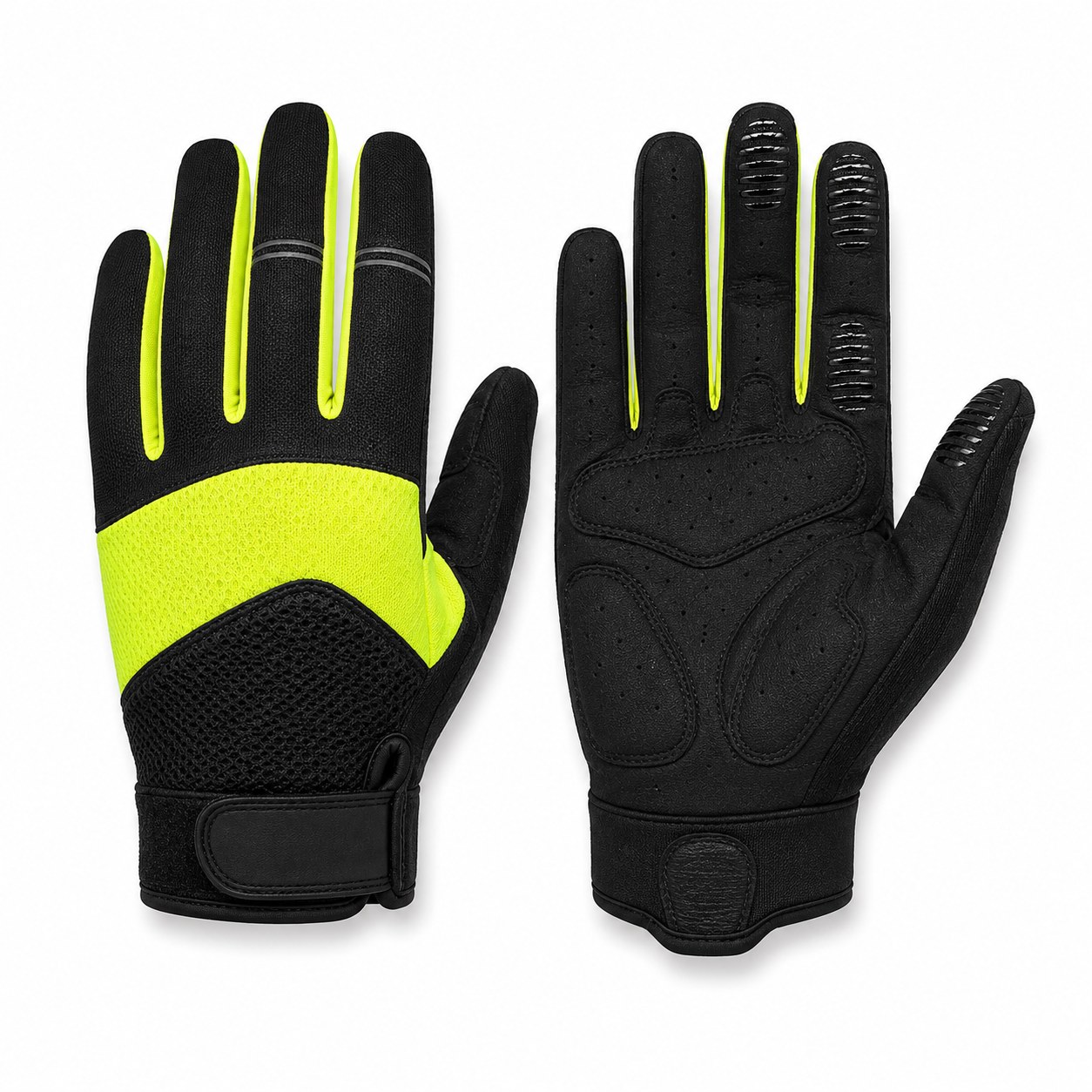 Pair of full finger cycling gloves in black and neon yellow with silicone grip fingertips