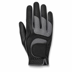 Black and grey golf glove with stretch mesh knuckle panels