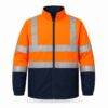 High-visibility orange and navy reflective work jacket with silver tape and stand collar