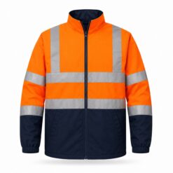 High-visibility orange and navy reflective work jacket with silver tape and stand collar