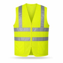 High-visibility yellow-green mesh safety vest with silver reflective bands and front zip
