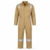 Khaki work coverall with silver reflective bands across shoulders and lower legs