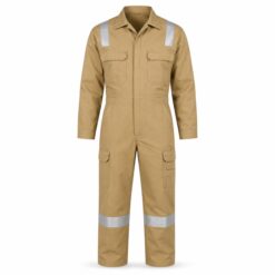Khaki work coverall with silver reflective bands across shoulders and lower legs