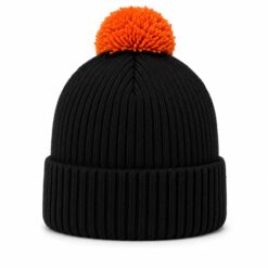 Black knit beanie with orange pom pom and folded ribbed cuff