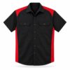 Black mechanic work shirt with red contrast shoulder panels and name patch