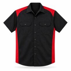 Black mechanic work shirt with red contrast shoulder panels and name patch