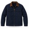 Navy canvas work jacket with brown corduroy collar and brass front zip
