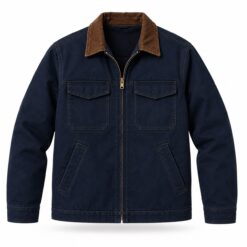 Navy canvas work jacket with brown corduroy collar and brass front zip