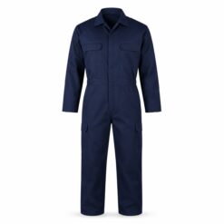 Navy blue cotton drill work coverall with full length front zip and utility pockets