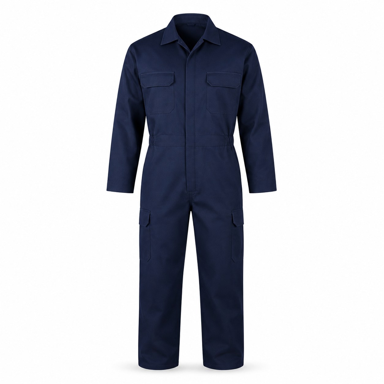 Navy blue cotton drill work coverall with full length front zip and utility pockets