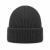 Ribbed knit beanie hat in charcoal grey with folded cuff and woven label