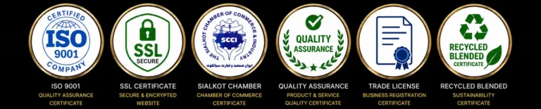 Shahmeer Industry certifications including ISO 9001, SSL and Sialkot Chamber of Commerce