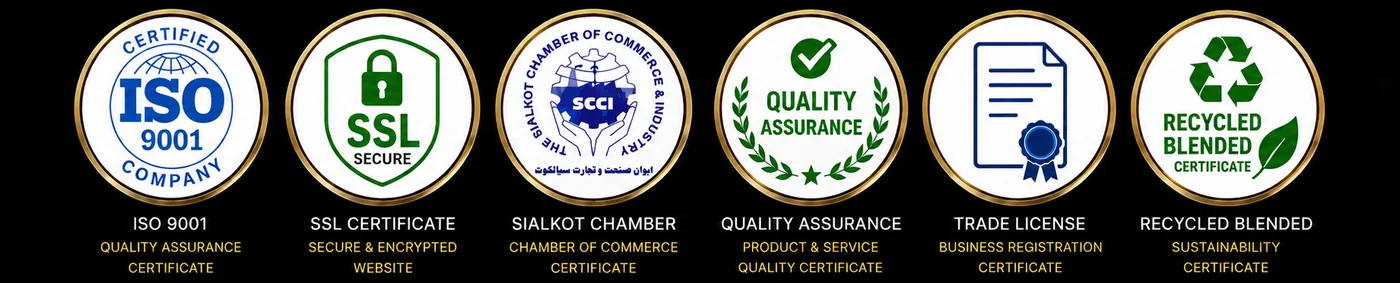 Shahmeer Industry certifications including ISO 9001, SSL and Sialkot Chamber of Commerce