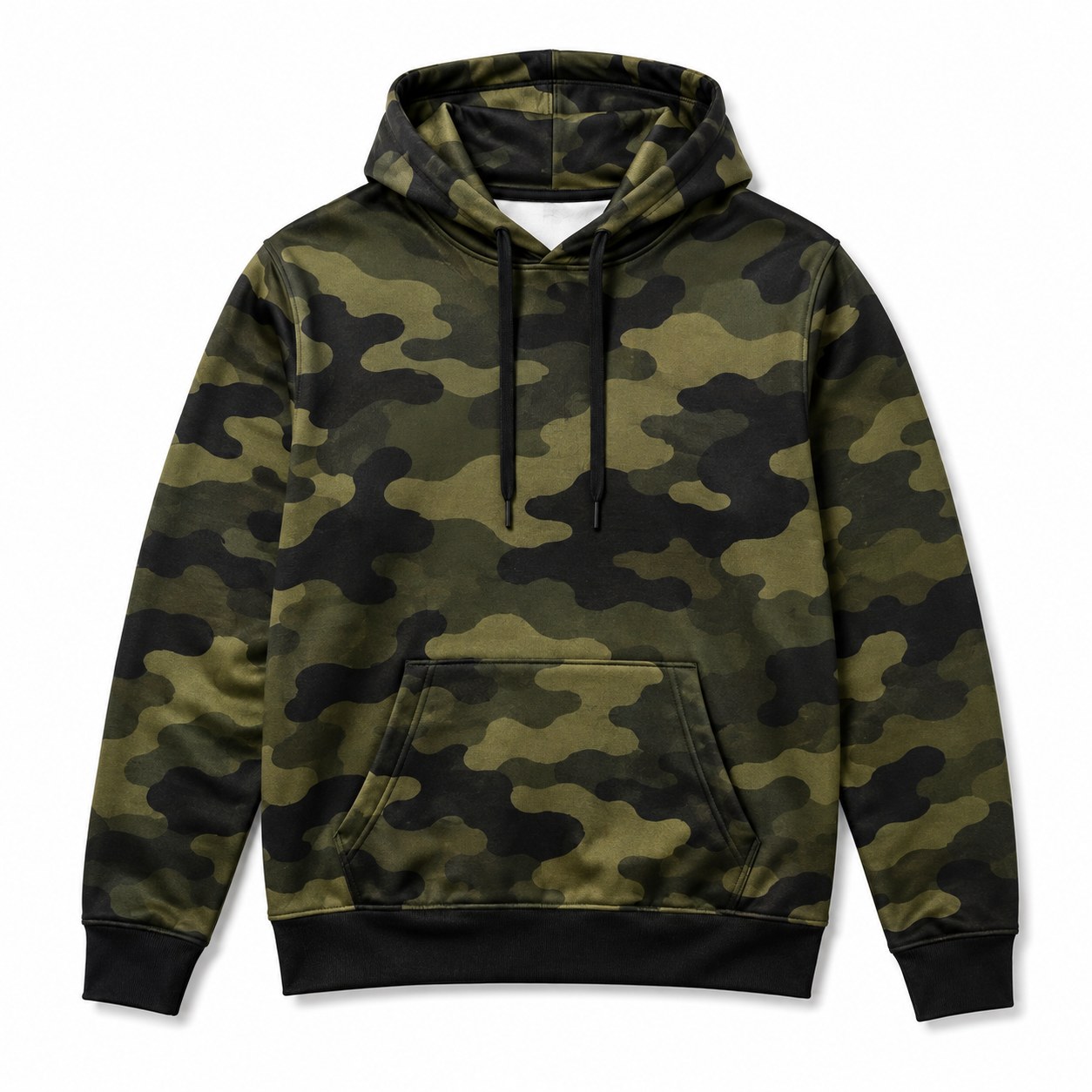 Pullover hoodie with all over olive green camo sublimated print