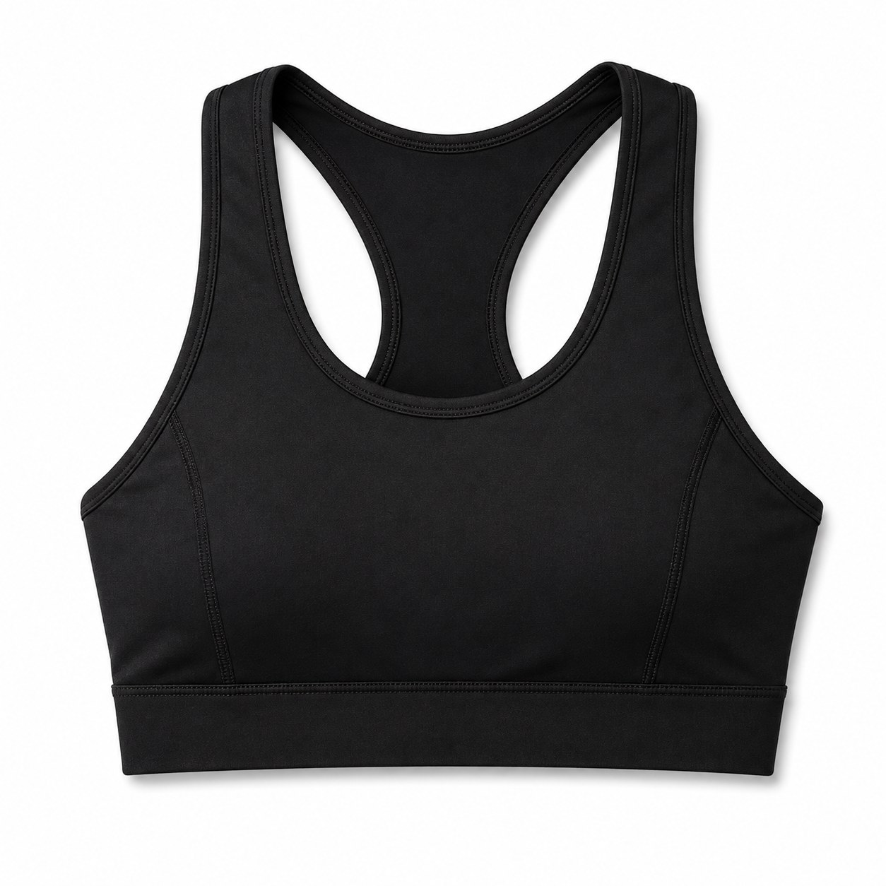 Women's black racerback sports bra with wide elasticated underband