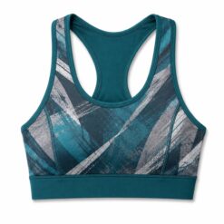 Women's teal and grey sports bra with sublimated abstract print and racerback cut